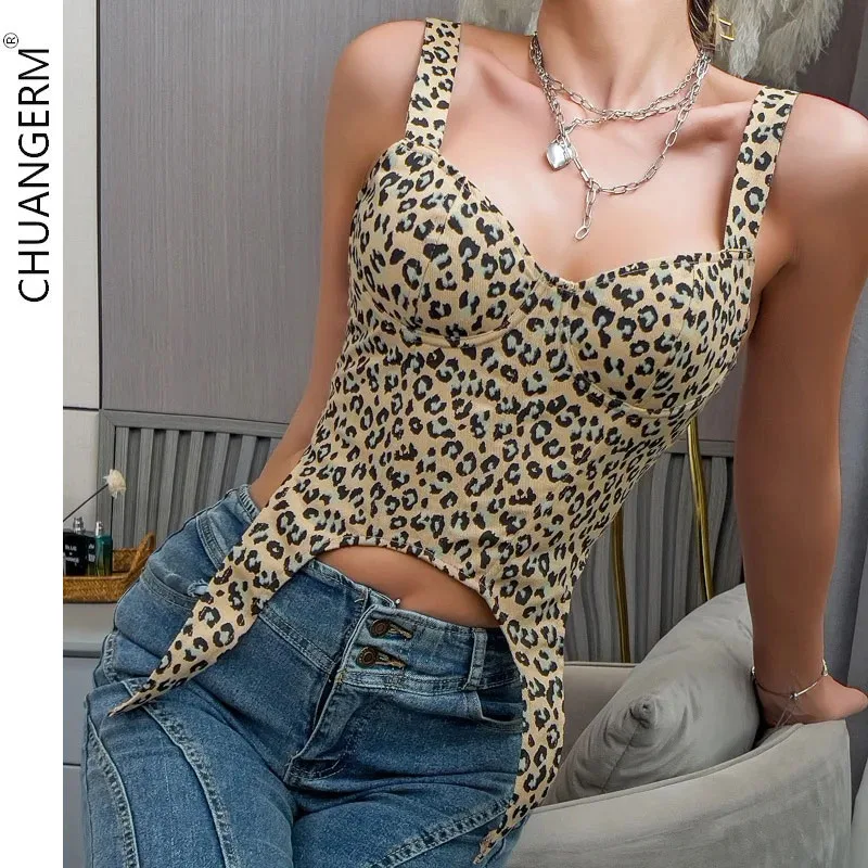 

CHUANGERM Sexy Corset Leopard Hottie Sleeveless Drawstring Crop Top Backless Slim Strapless Overbust Lingerie Lnner Camisole