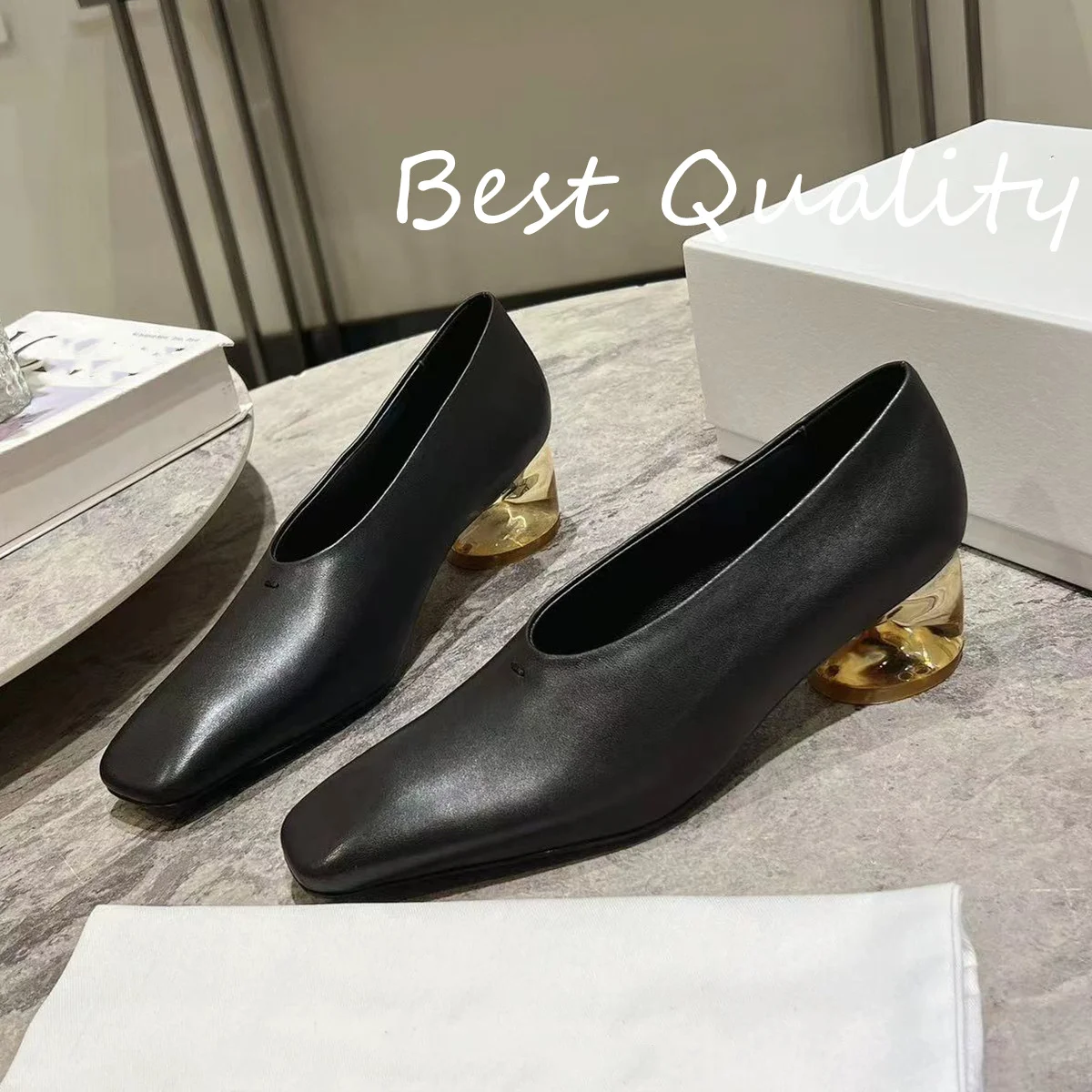 

2024 New Women's Genuine Leather High Heel Solid Color Square head Alien heel Pumps Ballet Loafers Shoes Woman High Quality