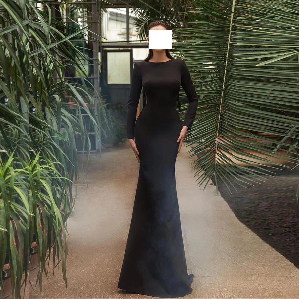 

Black O-neck Long Sleeves Jersey Floor Length Mermaid Pleats Tassel Court Train Saudi Arabia pure color Evening Dress Formal