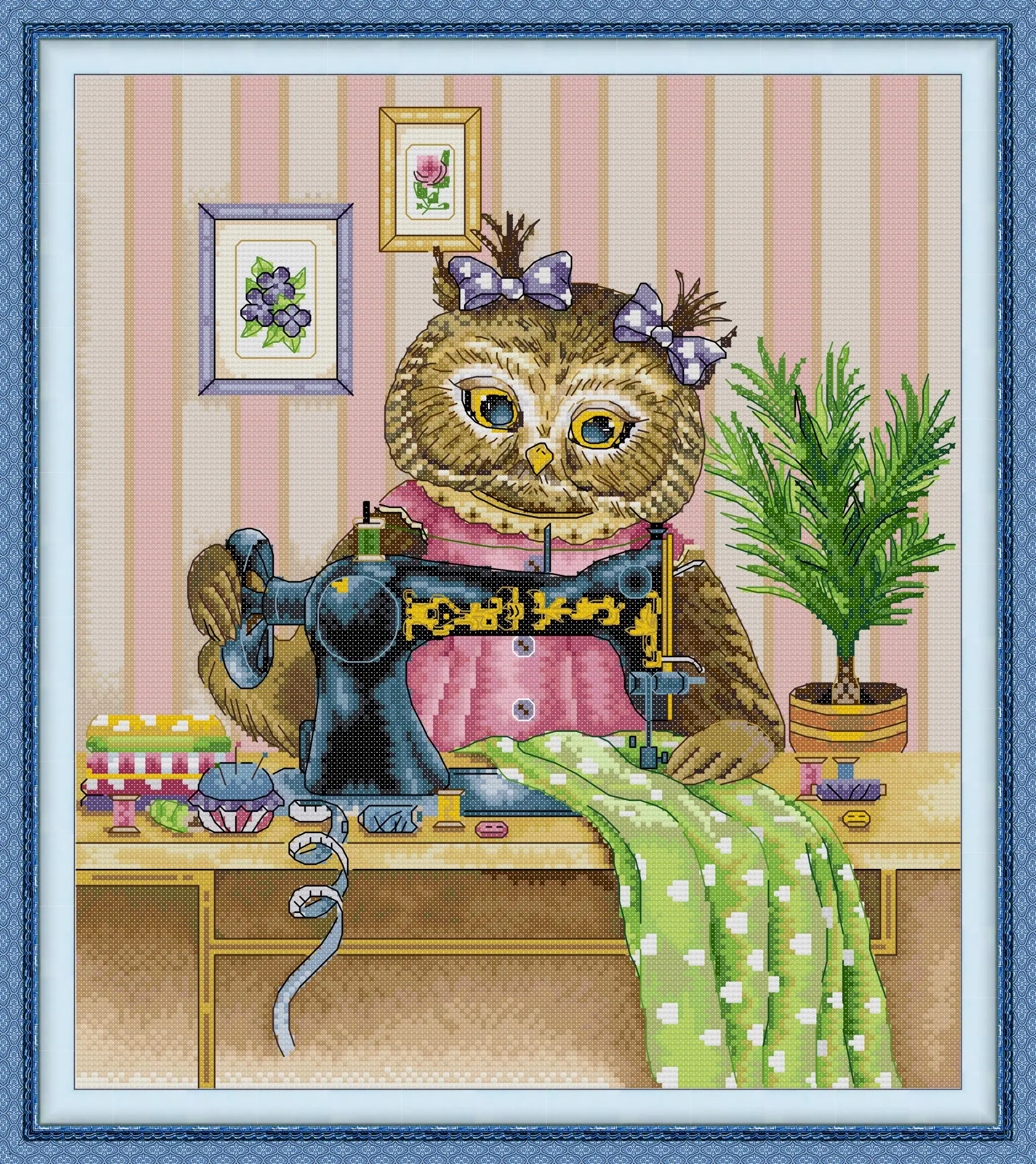 

Maydear Cross Stitch Kit, 11CT/14CT/16CT/9CT Aida Fabric,DMC Threads Sewing Pattern Embroidery Set-The Owl Who Loves to Sewing