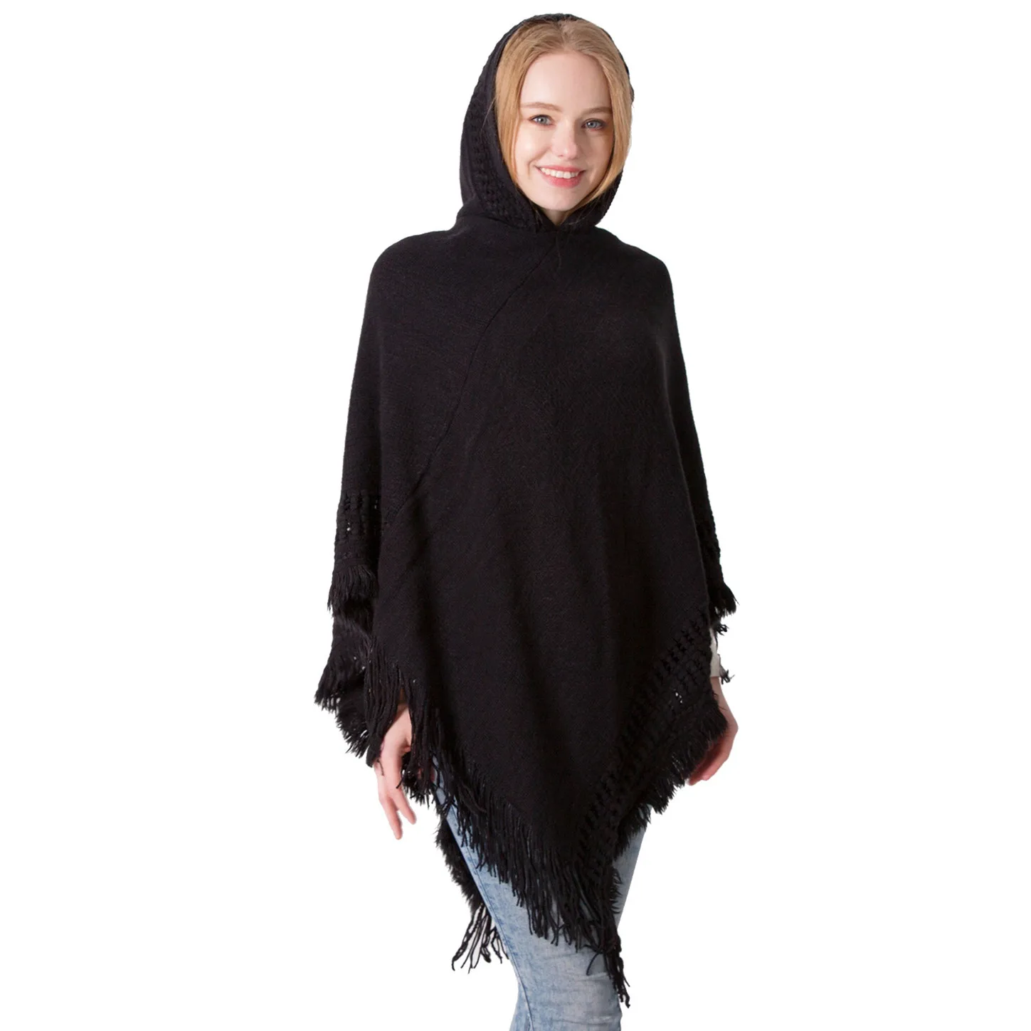 

Pullover Casual Women Hooded Sweater Tassel Solid Jumper Cloak Autumn Spring Knitting Fashion Pullover Capes Warm Tassel Sweater