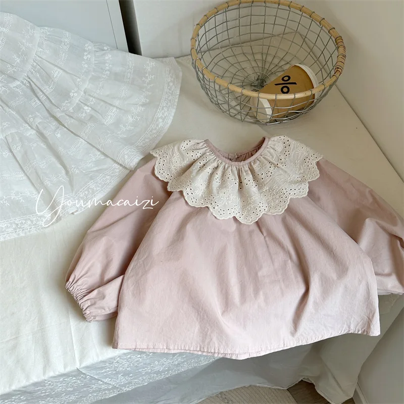 

Pink Shirt Spring New Korean Fashionable Cute Casual All-match Embroidered Lapel Long Sleeved Shirt Kids Clothes