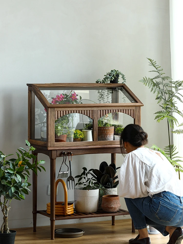 Black walnut balcony, glass flower rack, courtyard storage rack, floor to ceiling flower rack, succulent plant insulation rack