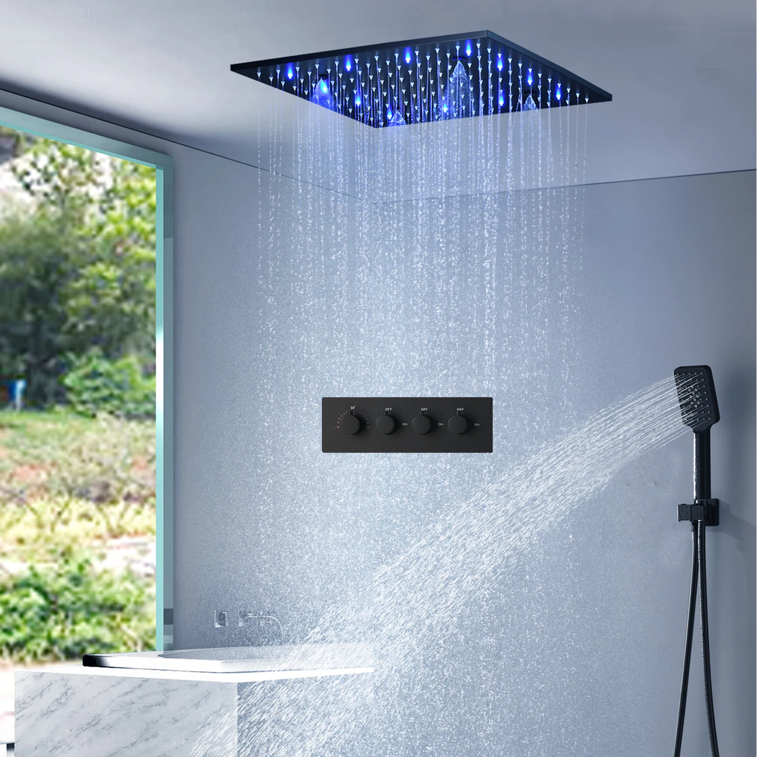 hm Bathroom Black LED Shower Set 16Inches/20Inchs SPA Mist Rainfall Shower Head Thermostatic Mixer Ceiling Faucets Bath System