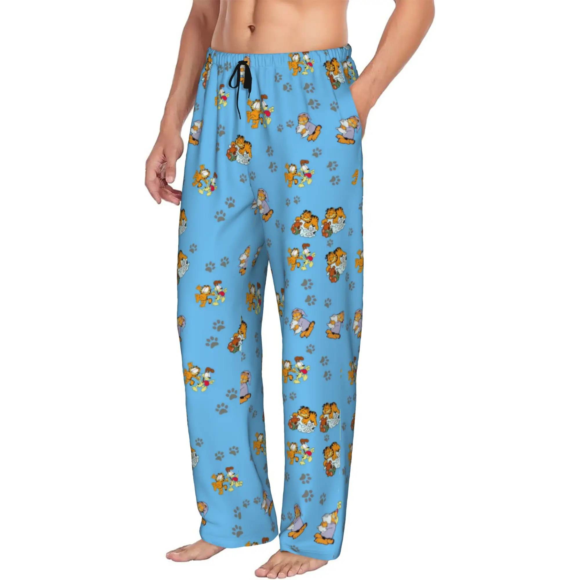 Custom Cat Cartoon Pajama Pants Sleepwear Men's Elastic Waistband Comic Strip Manga Sleep Lounge Bottoms with Pockets