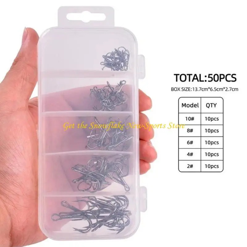 

E56D 50Pcs/box Fishing Treble Hooks Set, High Carbon Steel Hooks Sharply Round Bend Treble Hooks Strong Barbed Fishing Hooks