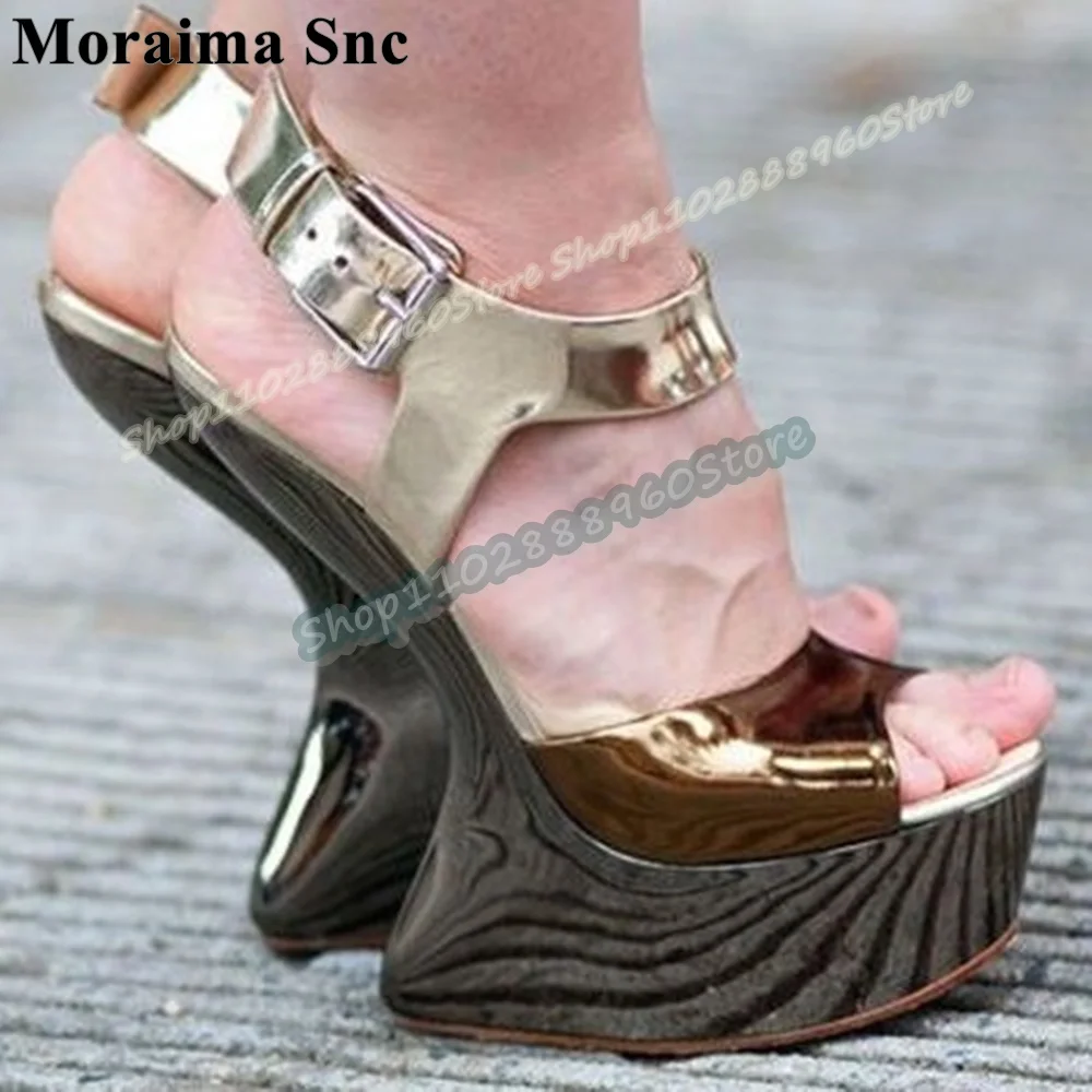 

Metallic Glossy Leather Platform Sandals Strange Style Heel Women Shoes Ankle Buckle Strap Open Toe Luxury Party Women Sandals