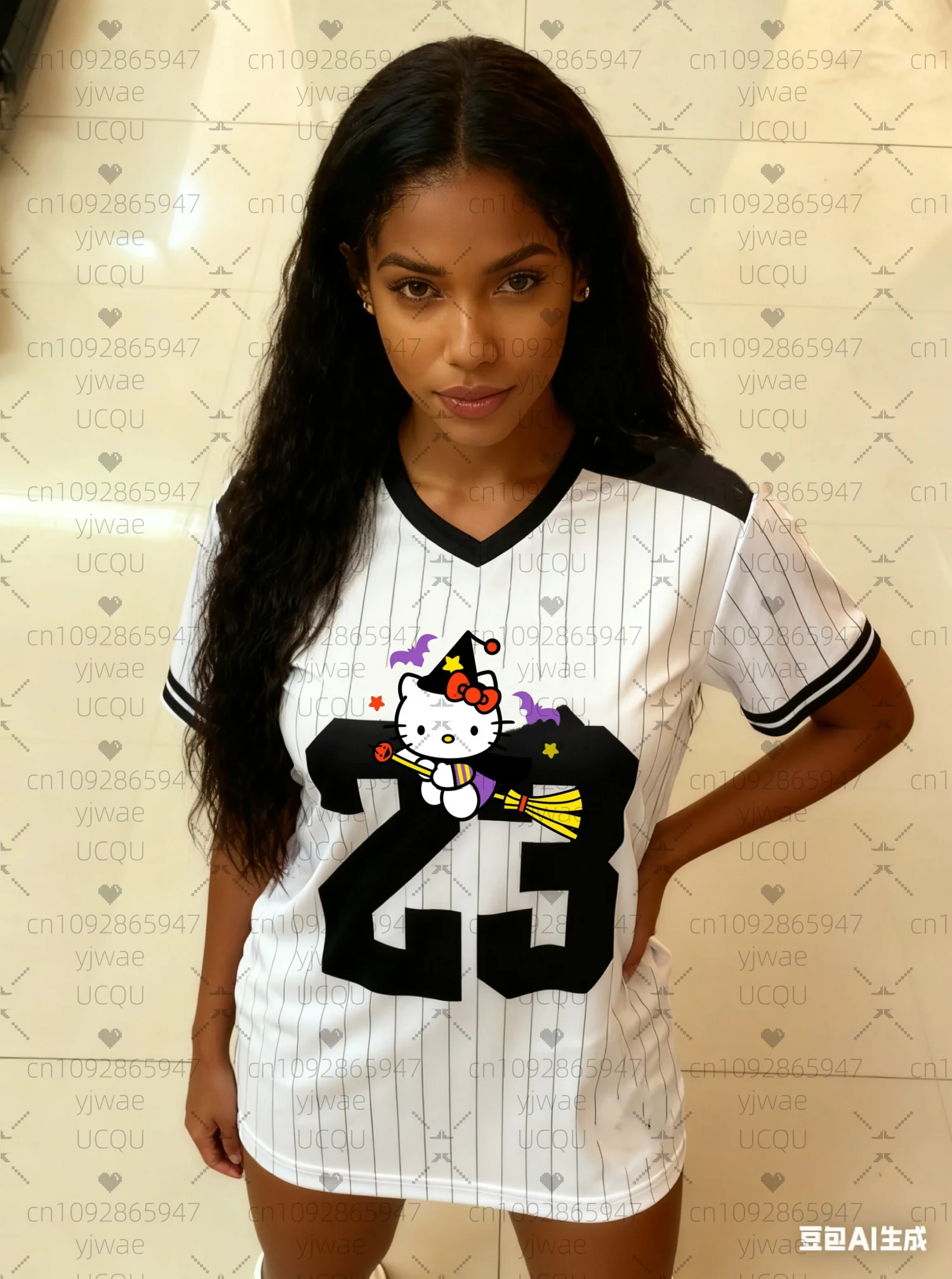 

2025 женская бейсбольная футболка с v-образным вырезом и короткими рукавами на тему Хэллоуина Hello Kitty 23, женская футболка из джерси