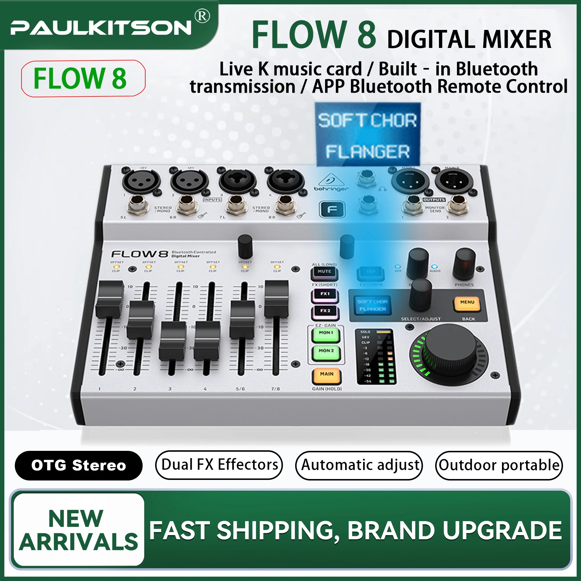 Mezclador de Audio Digital Portátil Paulkitson FLOW 8 con Bluetooth, Control Remoto por APP, Doble Efecto de FX, OTG Estéreo para Transmisión en Vivo, Banda, DJ, Escenario