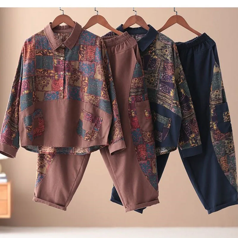Spring Summer Ladies Leisure High Waist Pants Outfit Female Loose Cotton Linen 2PCS Korean Women Printing Top Two-piece Set