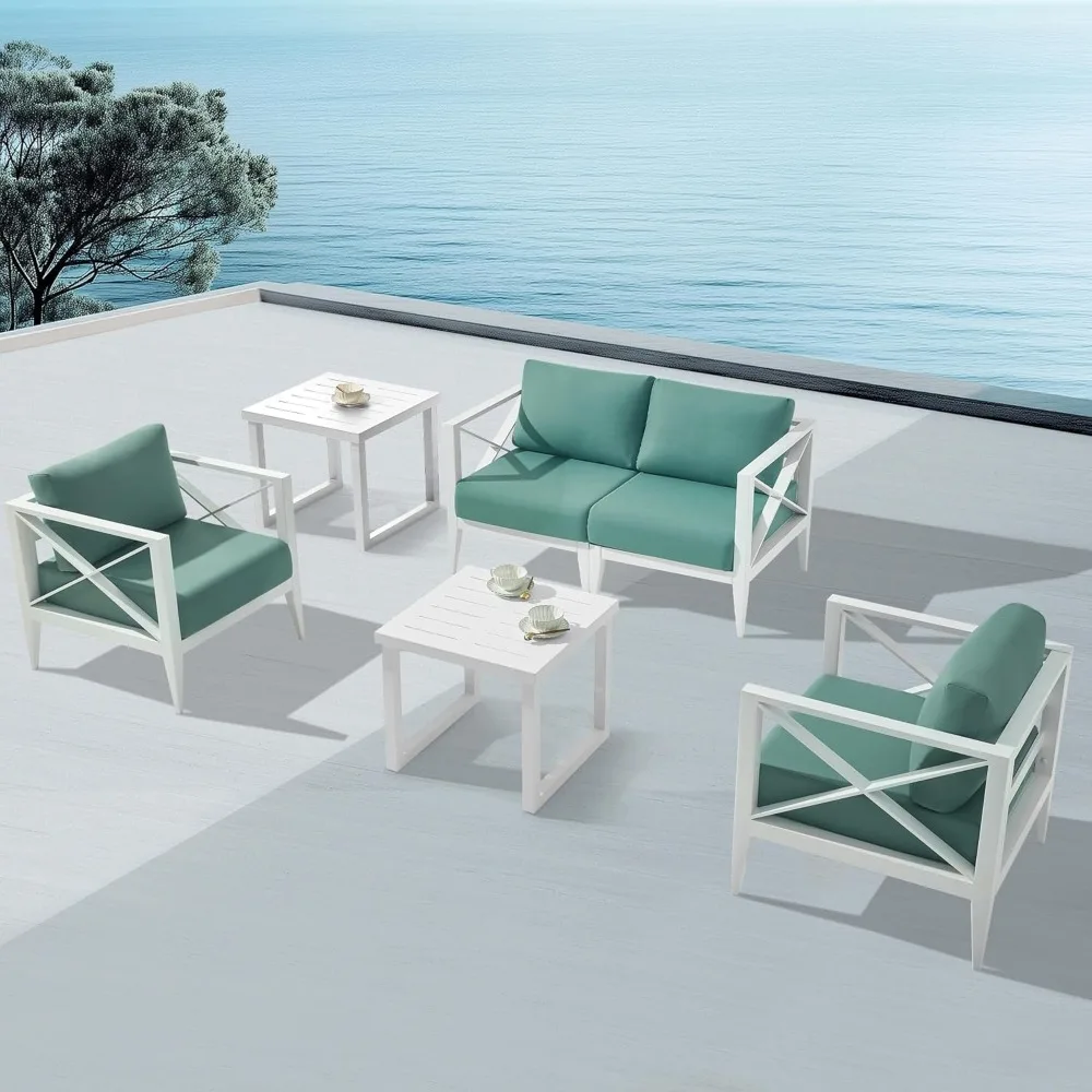 

MBY Outdoor Aluminum Patio Furniture Set, 4-Seats Patio Conversation Sofa Set with 2 Coffee Table, All Weather for Pool, Balcony