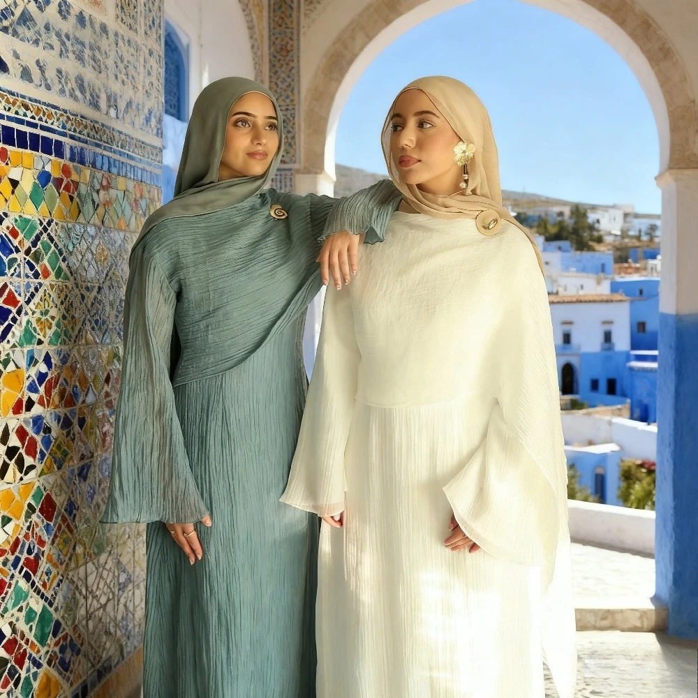 Sukienka Eid dla kobiet, dwuwarstwowa abaja, długa szata muzułmańska, sukienki imprezowe islamskie, arabska dżalabija, Ramadan, jednolite plisowane vestidos largos