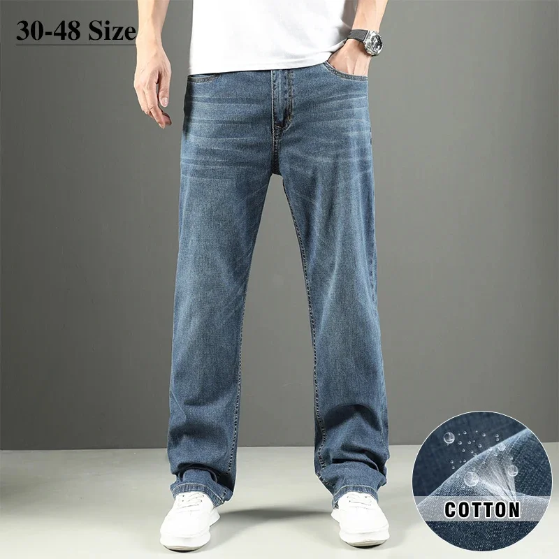 

Thin Summer Men's Baggy Jeans Cotton Elasticity Classic Straight Denim Pants Casual Plus Size Brand Trousers 42 44 46 48