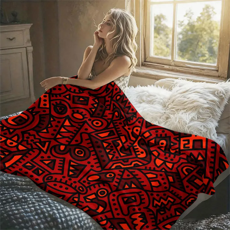 Tribal Geometric Totems Red Flannel Blanket Perfect for Sofa Office Bed Travel Sleep Read Relax Camping Four Season Use