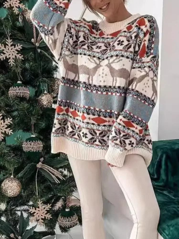 Świąteczny sweter z dzianiny damski luźny O Neck z długim rękawem sweter z dzianiny swetry moda nowa świąteczna odzież damska topy