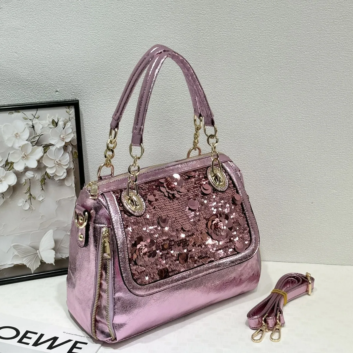 Luxury Sparkly Sequined Women Tote Bag Shoulder Crossbody Purse for Party 3D Flower Pattern Chain Handle Multiway Handbag