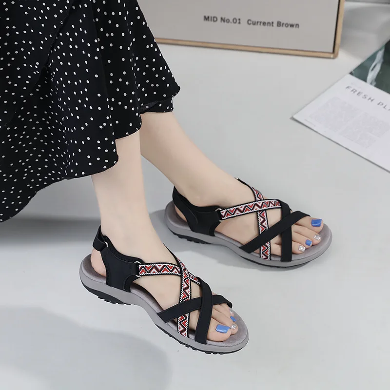 Women\'s Sandals Summer 2024 Casual PU Non-Slip Soft Color Bohemia Beach Hollow Out Open Toe Roman Shoes Woman Flat Heels Ladies