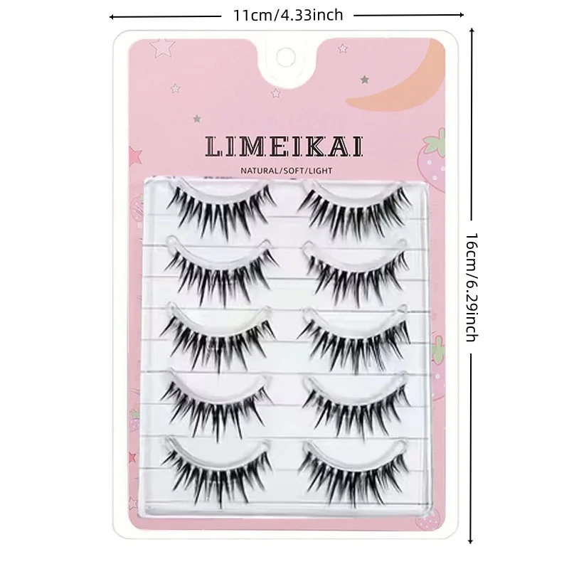 5 pairs of cute and sweet cartoon style false eyelashes, cat eye effect, mixed length of 10-15 millimeters, D-roll and C-roll