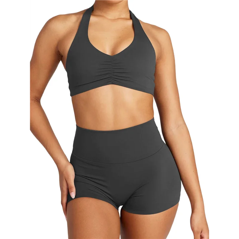 

CYL-наборы для тренировок для женщин, комплект из 2 предметов, спортивные бюстгальтеры с лямкой на шее и высокой талией, байкерские шорты для тренировок в тренажерном зале, наряд для йоги