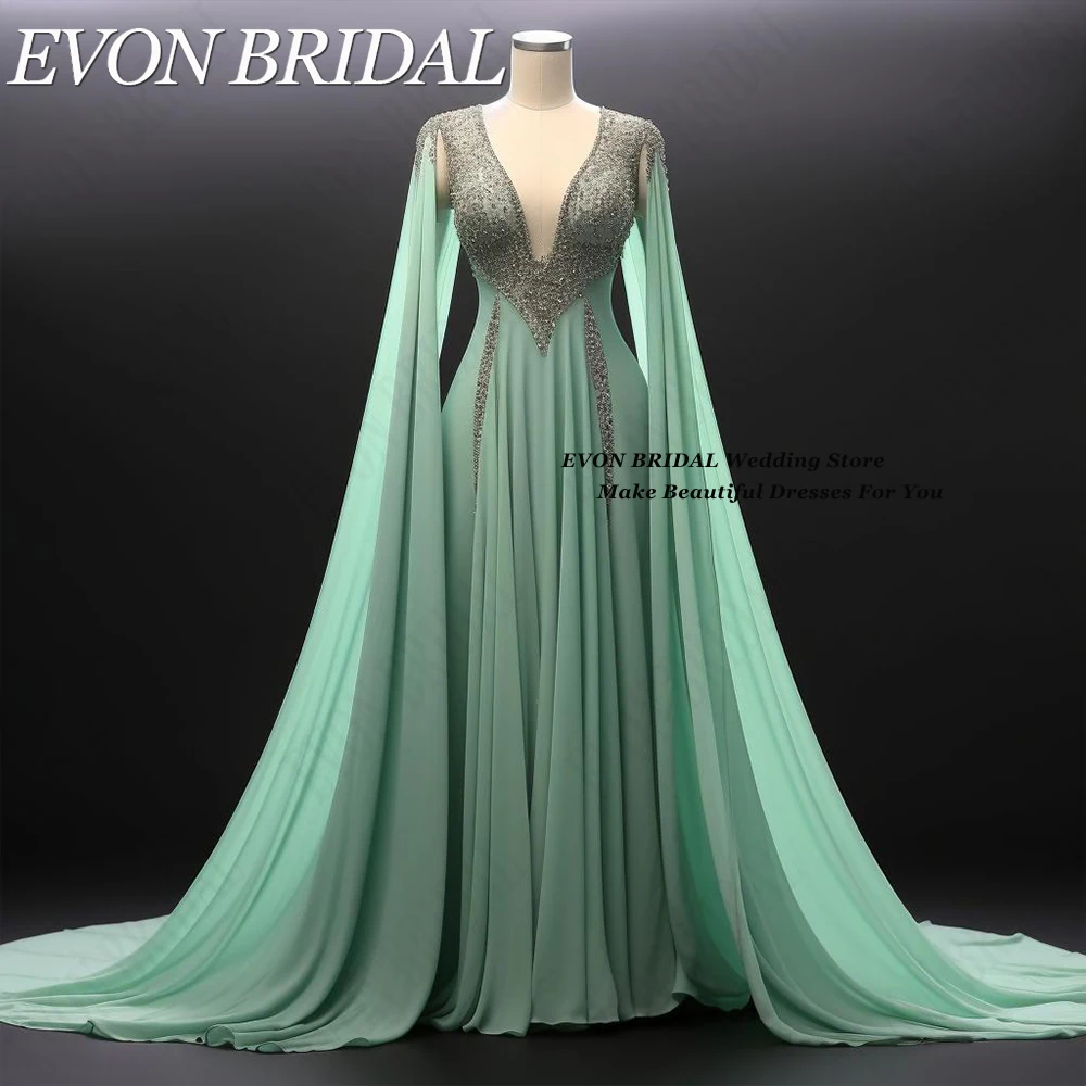 EVON BRIDAL Luxury Beads Evening Party With Cap Sleeves Arabic Women فستان حفلات الزفاف Chiffon Mint Green Formal Occasion Dress