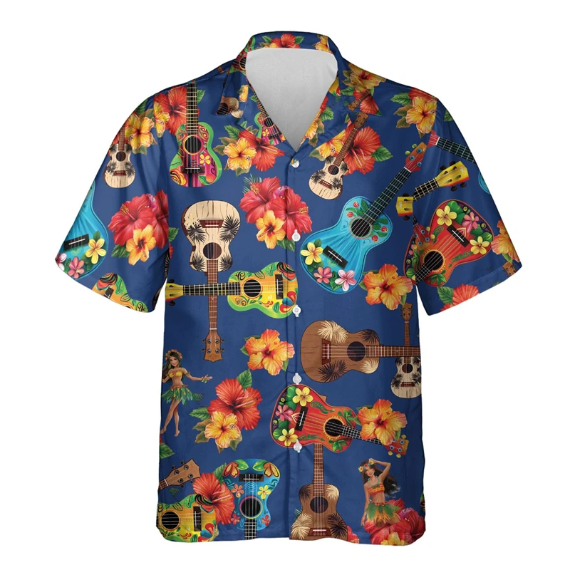 Camisas gráficas de Ukelele de moda para hombres, ropa informal, camisa de playa, instrumento Uke, blusa de solapa de cantante masculina hawaiana