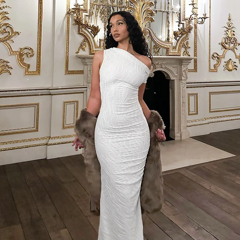 Robe de Bal Blanche Française à Col Unique, Plissée, Sexy, Oblique, artificiel astique, pour Soirée