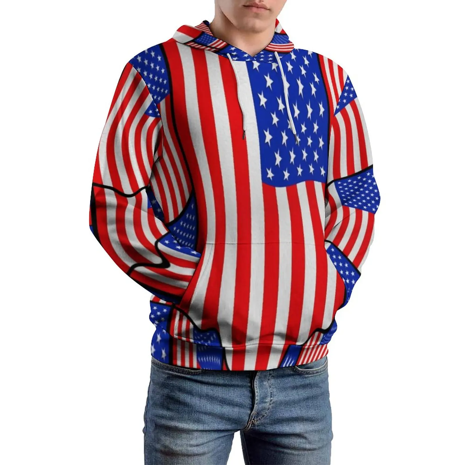 Soft American Flag Casual Hoodies Unisex Celebrate USA Red White Blue Hip Hop Hooded Sweatshirts Winter Street Oversize Hoodie