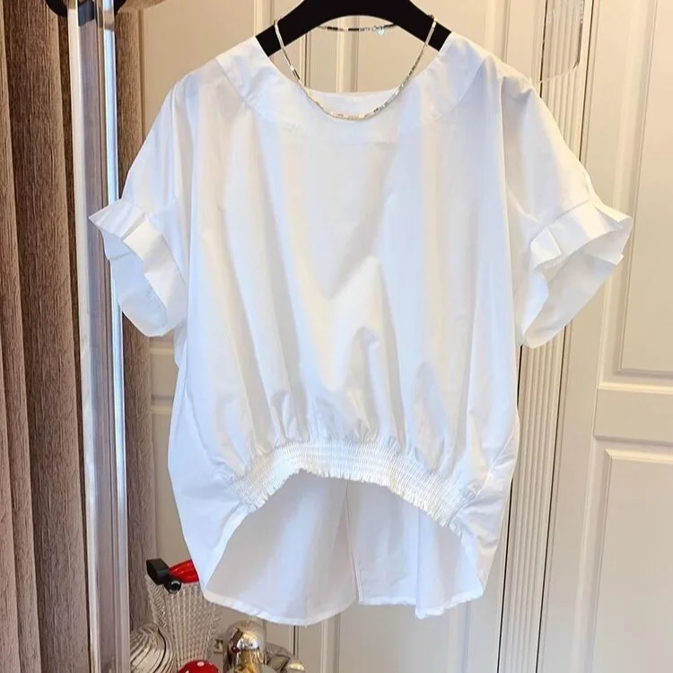 Women Fashion Shirring Hem Blouses 2026 Summer O Neck Short Sleeve Casual Blusas  Stylish Slit Back Solid Shirt Tops