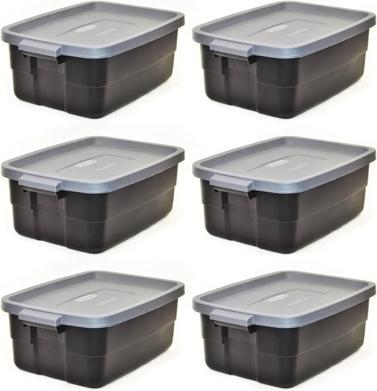 

Rubbermaid Roughneck Tote 10 Gal 6 Pack Made in USA Black & Gray Rugged Plastic Stackable Storage Bins with Lids and Handles