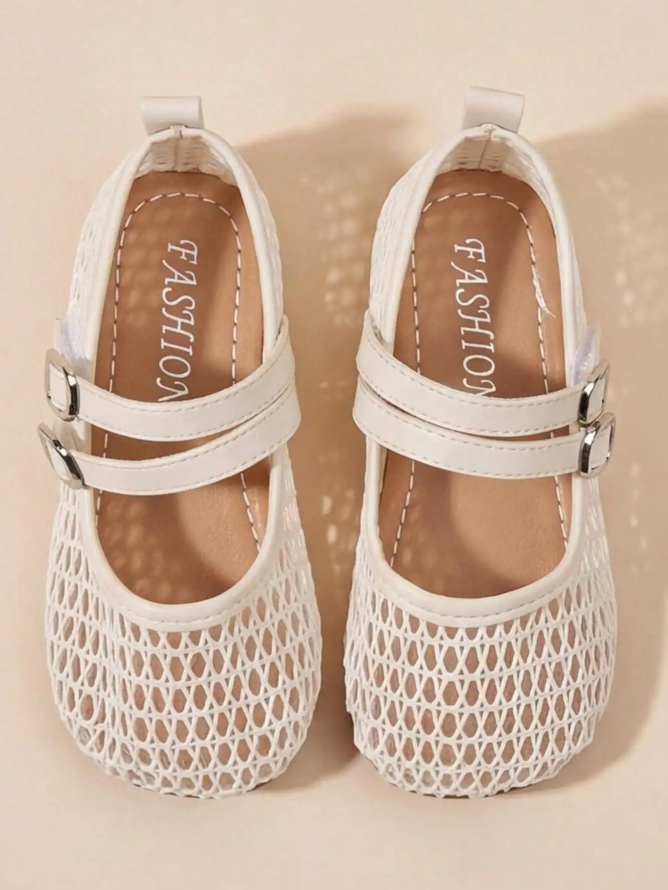 3-12 Years Old Girls Adjustable Strap Beige Mary Jane Sandals, Silver Buckle Mesh Double Strap, Minimalist Fashion For School And Party Wear, Back To School sk260412201130103977925