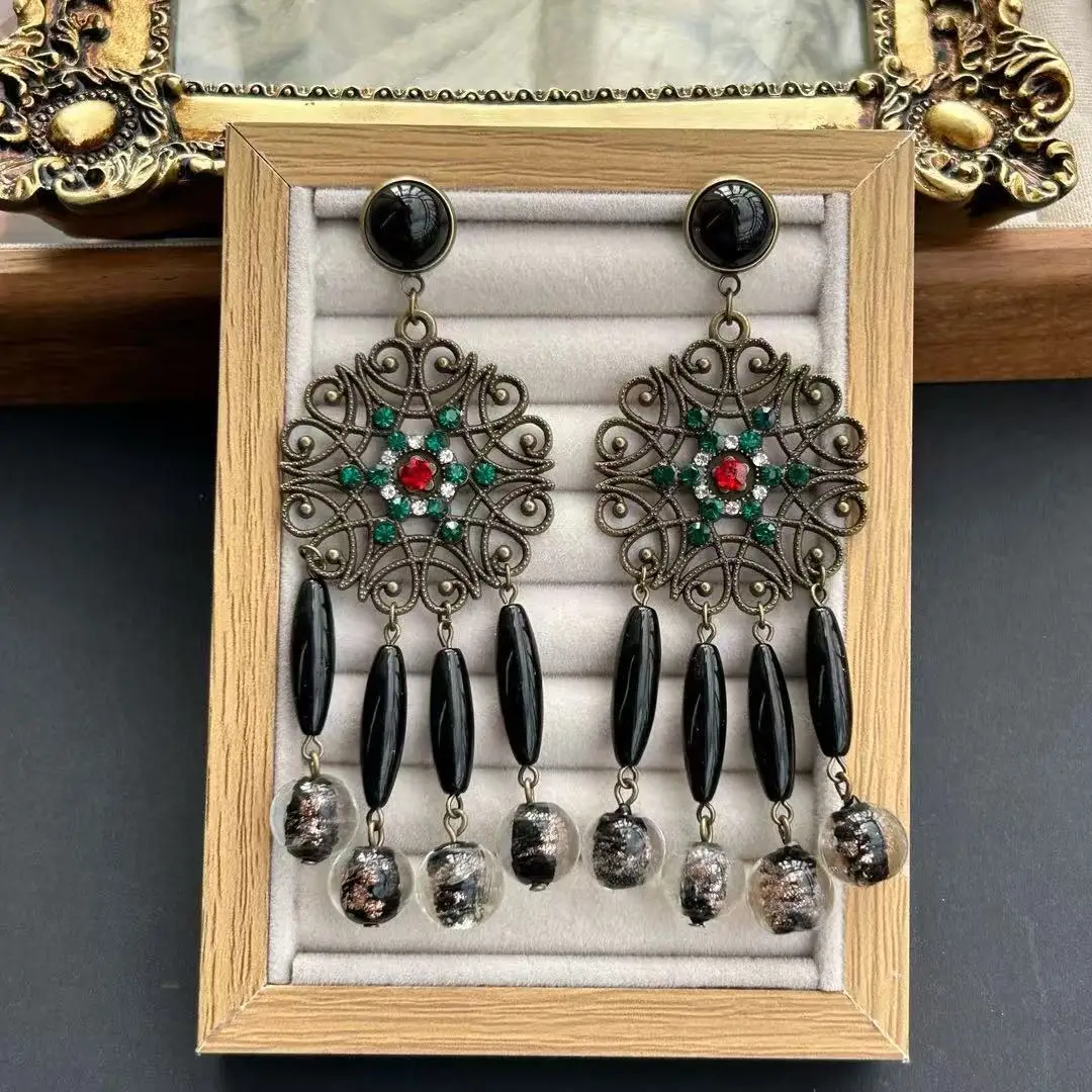 Medieval style retro exaggerated old hollow design black golden sand handmade glazed earrings long shoulder earrings