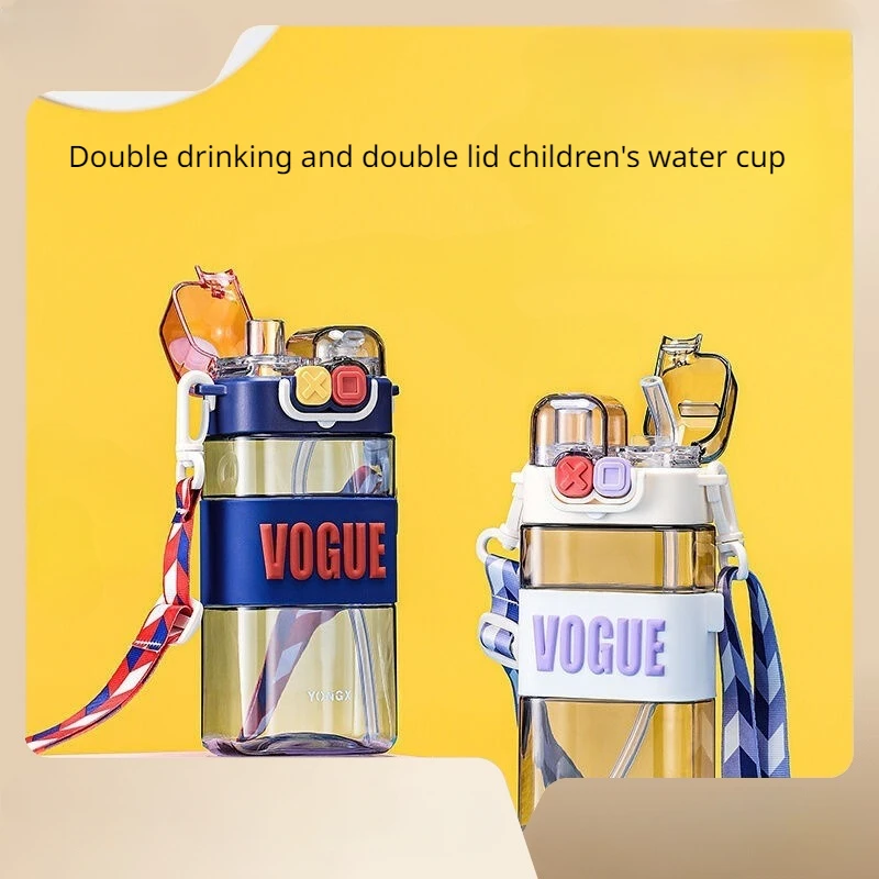 Children's Water Cup Double Drink Double Cap High Beauty Male and Female Creative Punk Square Straw Cup