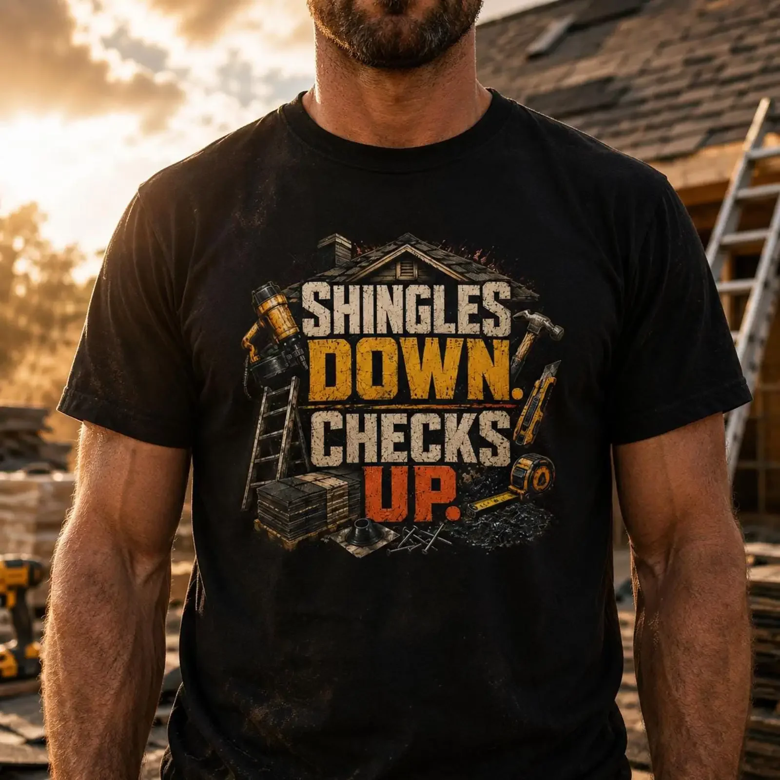 Roofer T Shirt Roofing for Men Shingles Down Checks Up Contractor Blue Collar Tradesman vintage Washed streetwear