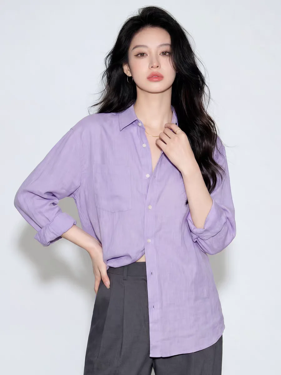 2026 Summer Beautiful Design Sense Sun Protection Versatile Collar Purple Linen Women's Shirt Skin-friendly Breathable Loose Fit