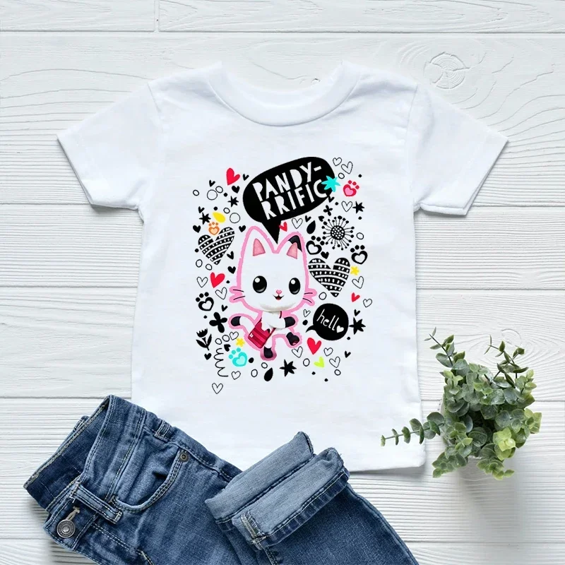 

Новое поступление 2025 года, футболки для девочек, милая одежда с кукольным домиком Габби, одежда с мультяшным принтом, детская футболка, модные повседневные детские футболки, белые топы