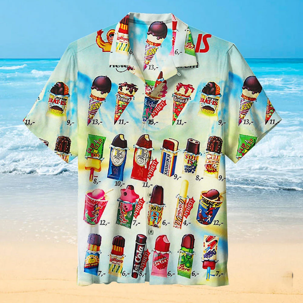 2024 Hawaiian Shirt For Men Summer Ice Cream T-Shirt Beach Prints Short Sleeved Shirt Tops Casual Original Design Men\'s Clothes