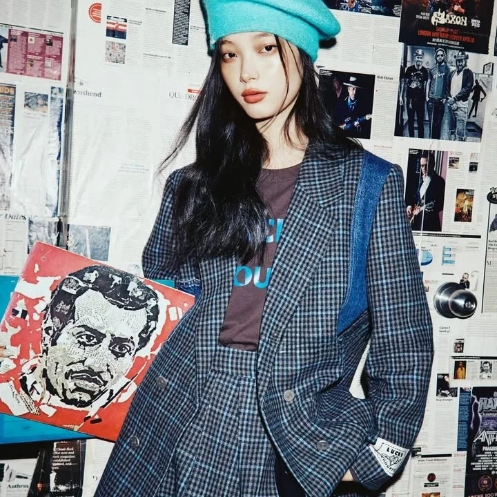 Fashionable Korean Design Checkered Patchwork Commute Versatile Personality Top Coat Suit Elegant Atmosphere Workwear Jacket