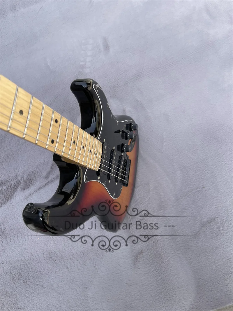 

Sunburst Electric Guitar Maplle Neck Solid Body Fixed Bridge Black Tuners black pickguard