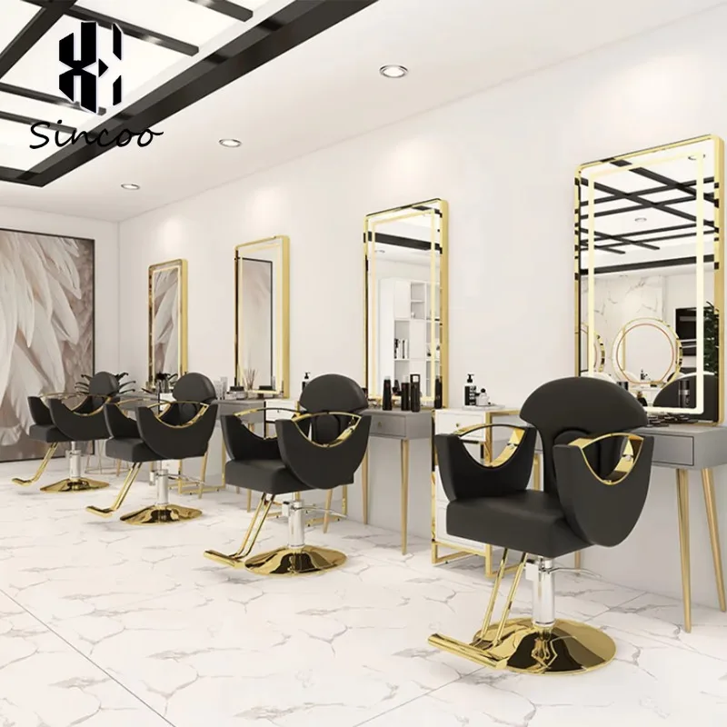 

Salon Chair Gold Titanium Alloy Base Fiberglass Barber Chair Backrest Customizable Color LOGO for Barber Shop