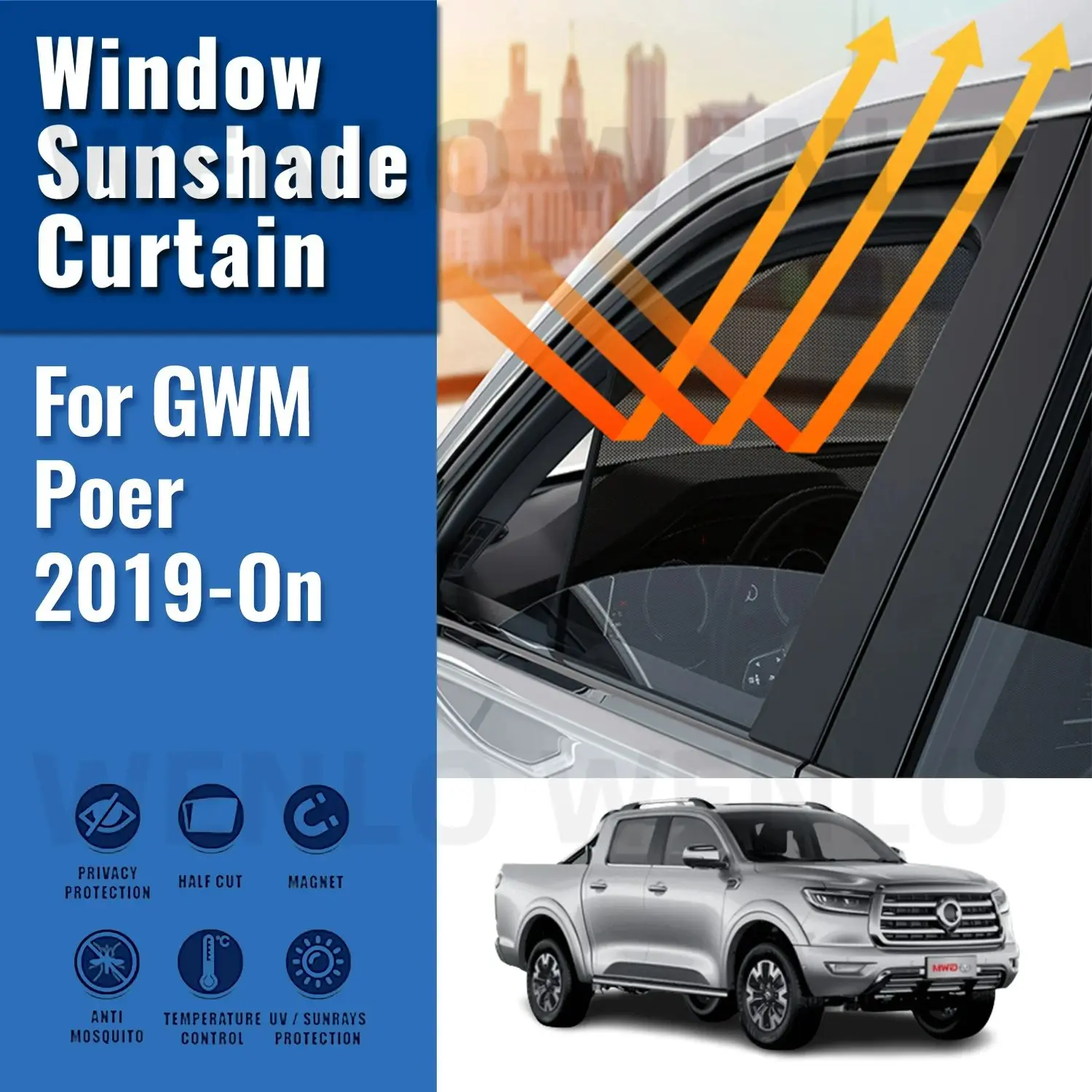 

For GWM Poer Pao 2019 2020 2021 2022 2023 2024 Car Sunshade Magnetic Front Rear Windshield Curtain Side Window Sun Shade Visor