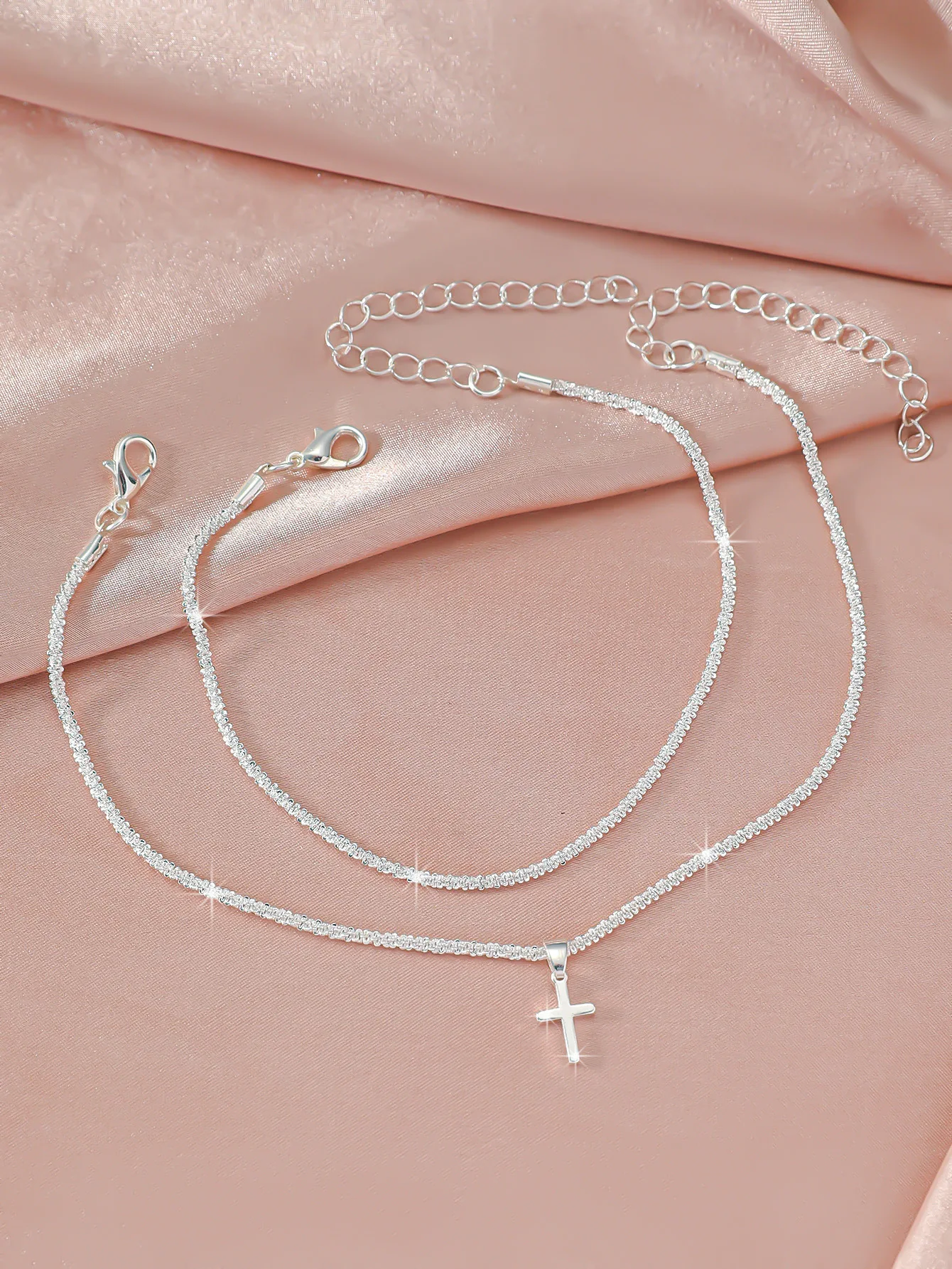 Women's Silver Double Layer Anklet with Cross Pendant Shiny Chain Foot Leg Barefoot Bracelet Charm Jewelry
