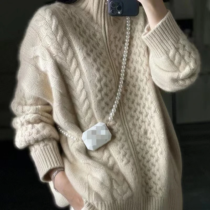 High Neck Thickened Wool Zippered Cardigan For Women\'s Luxurious Fashionable Knit Sweater Autumn Winter High Neck  Jacket