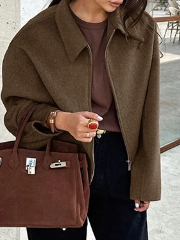 Fashion Brown Zipper Woolen Jacket for Women Elegant Lapel Long Sleeve Short Coats Female Vintage Autumn Lady Street Outerwear
