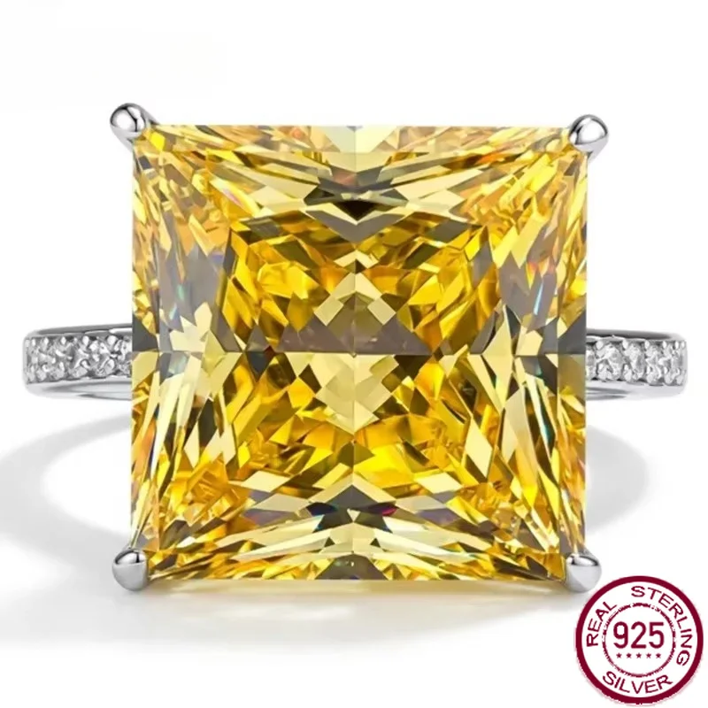 Yaranyan Vintage 100% 925 Sterling Silver Princess Cut Lab Sapphire Citrine High Carbon Diamonds Gemstone Ring Fine Jewelry