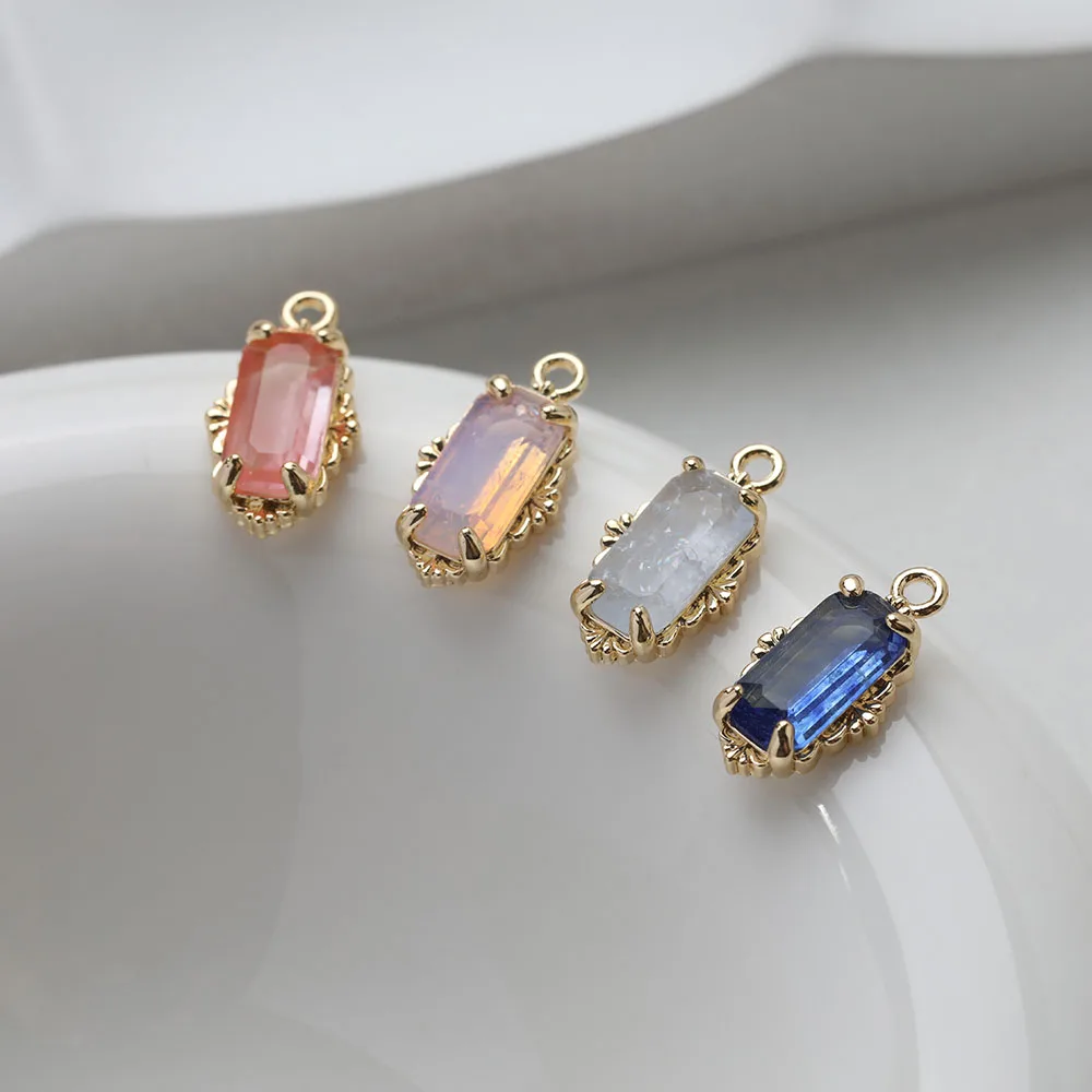4pcs Dainty Rectangular Glass Charms for Jewelry Making Pendant Supplies DIY Hand Brass Gold Plated Accessories 8*15mm