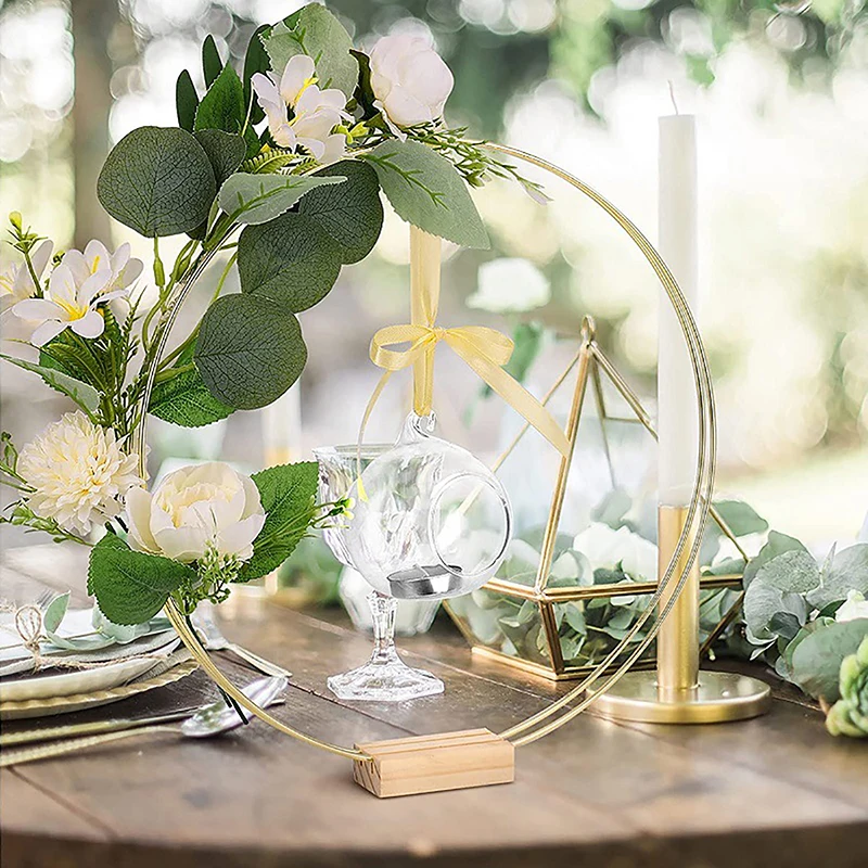 Gold Metal Flowers Hoop with Place Card Holder Wedding Table Centerpiece Decoration DIY Macrame Floral For Wedding Decoration