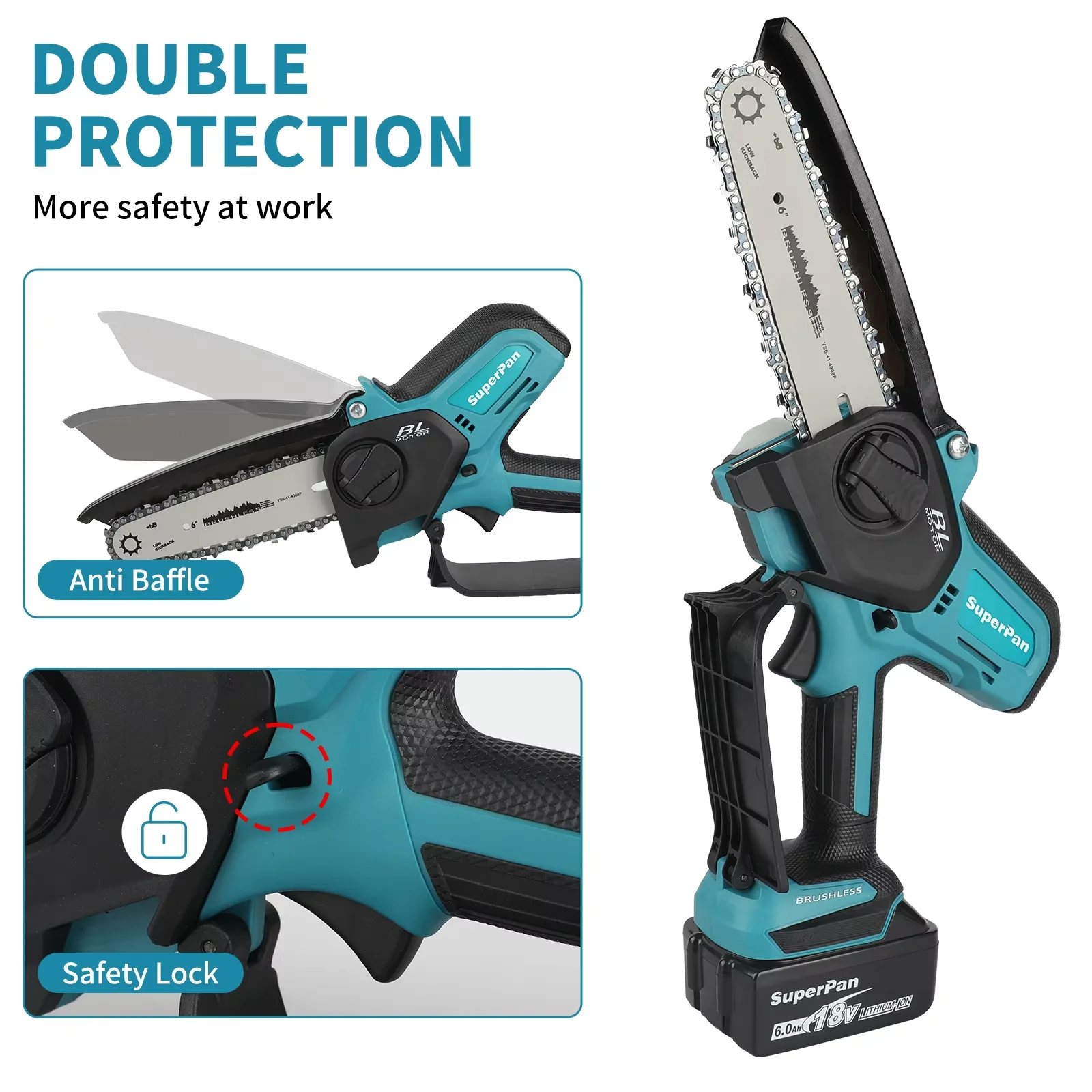 

Superpan 6-Inch Cordless Chainsaw - Portable Electric Handheld Tool for Gardening & Wood Cutting for Makita 18V battery specs