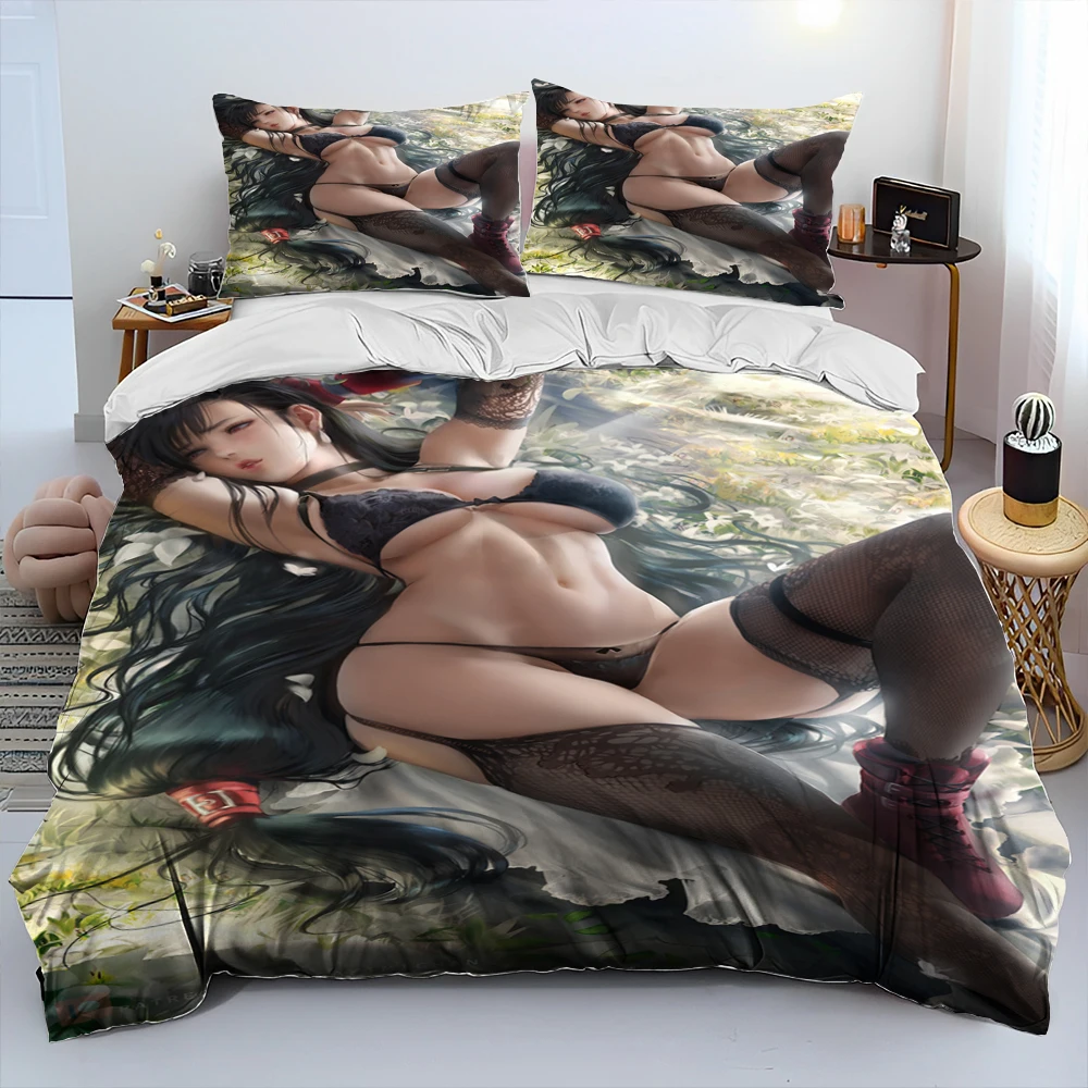 Tifa Aerith sexy Mädchen Spitze Cartoon Spiel Tröster Bettwäsche-Set, Bett bezug Bett Set Bett bezug Kissen bezug, Queen-Size-Bettwäsche-Set