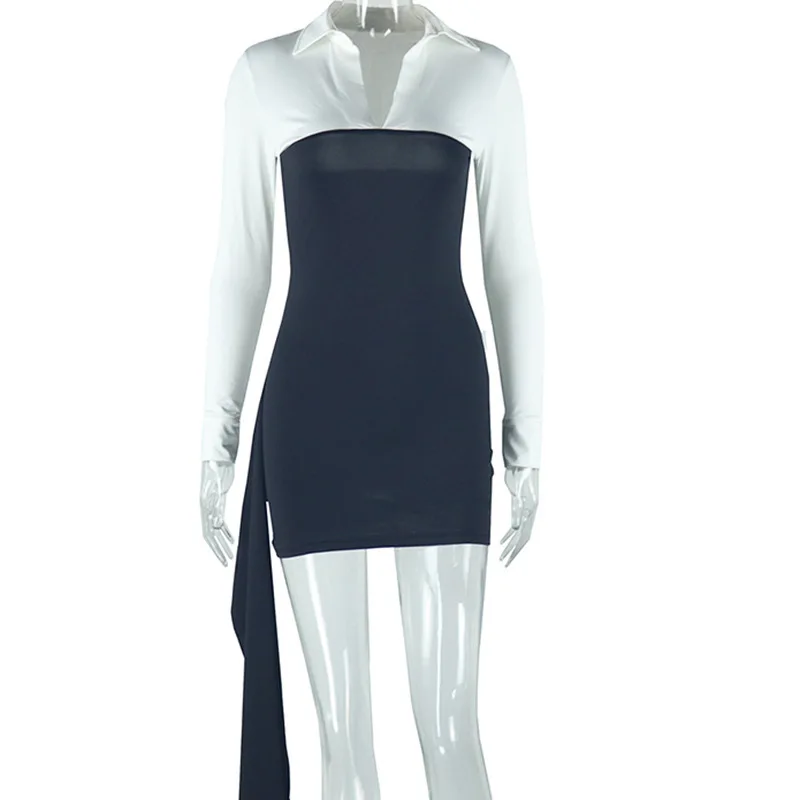 Wind Ins المرأة أبيض وأسود المرقعة المتناقضة قميص طوق حقيبة الورك غير النظامية الشريط تنورة فستان الأطفال