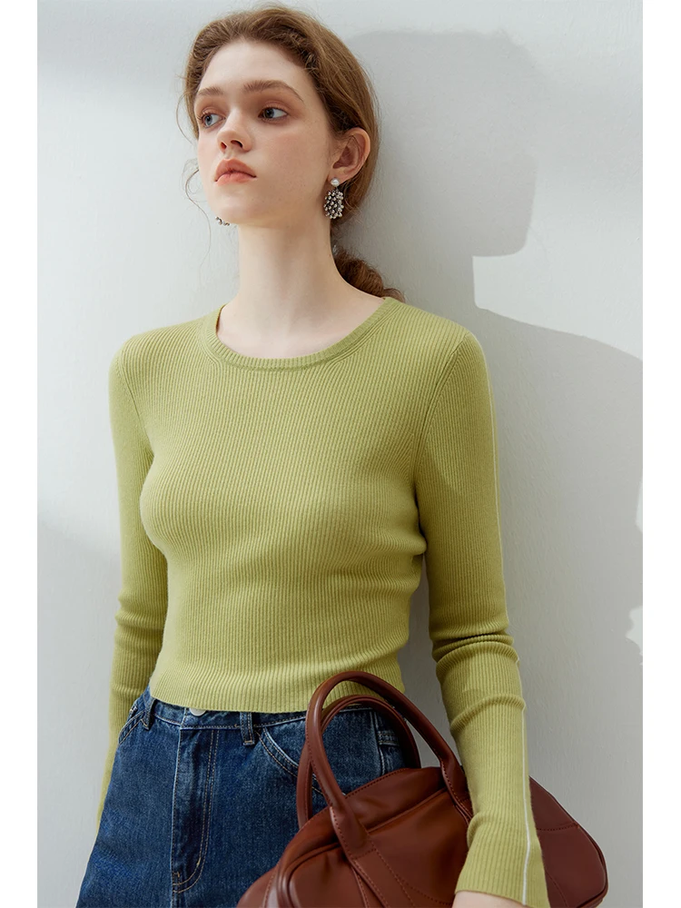 FSLE Casual Style Wild Short-line Long-sleeved Sweater Pullover for Women 2023 Autumn New Contrasting Bottom Shirt Female